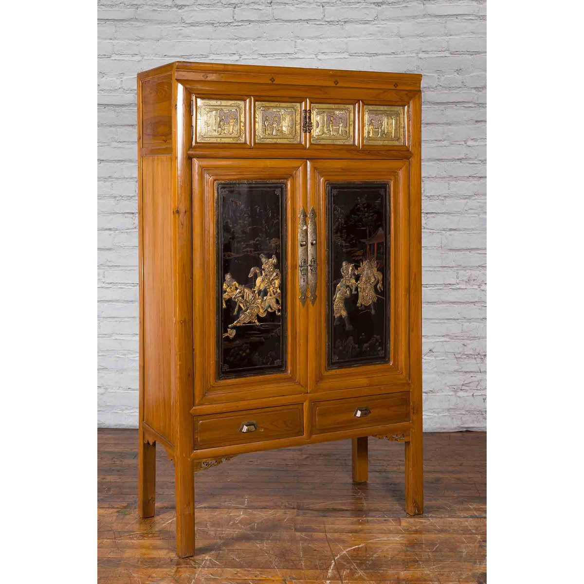 Chinese Early 20th Century Lacquered Armoire with Gilt Carved Warrior Motifs-2. Asian & Chinese Furniture, Art, Antiques, Vintage Home Décor for sale at FEA Home