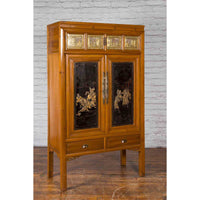 Chinese Early 20th Century Lacquered Armoire with Gilt Carved Warrior Motifs