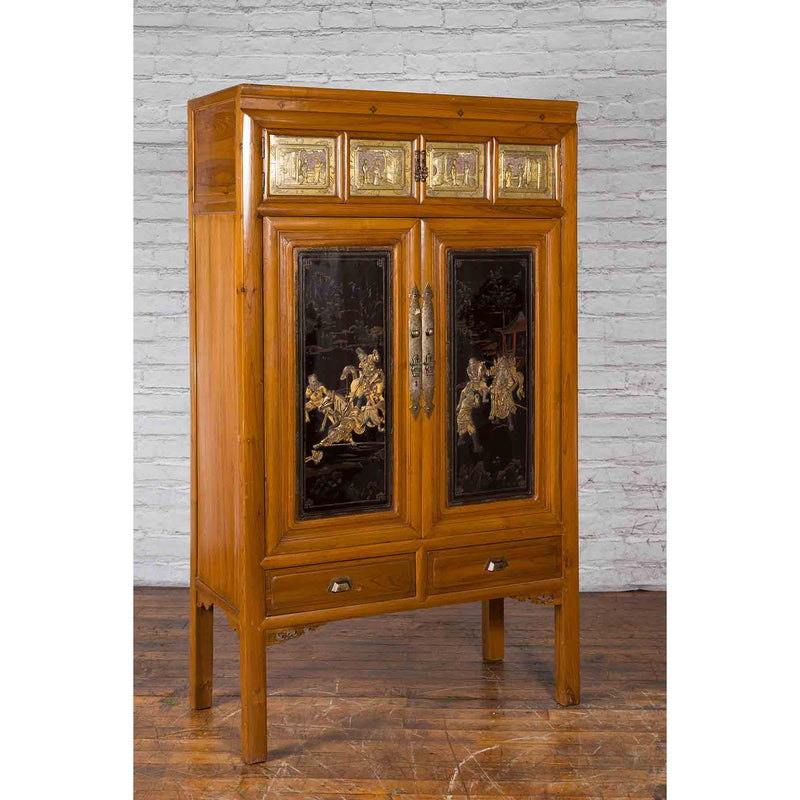 Chinese Early 20th Century Lacquered Armoire with Gilt Carved Warrior Motifs-YN5706-2. Asian & Chinese Furniture, Art, Antiques, Vintage Home Décor for sale at FEA Home