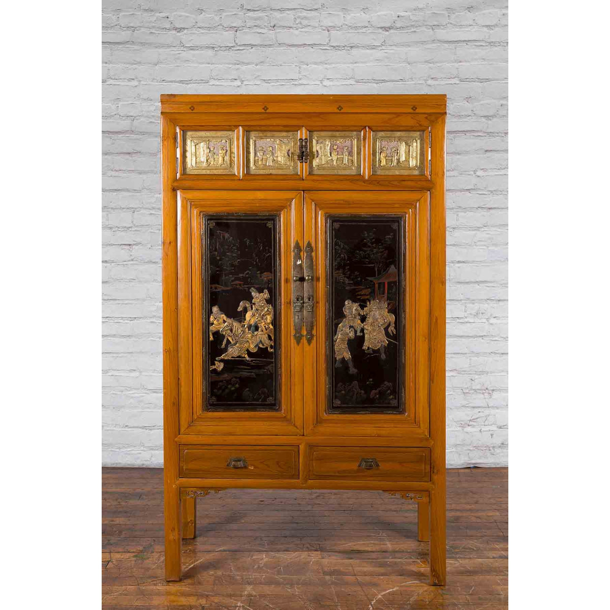 Chinese Early 20th Century Lacquered Armoire with Gilt Carved Warrior Motifs-3. Asian &amp; Chinese Furniture, Art, Antiques, Vintage Home Décor for sale at FEA Home