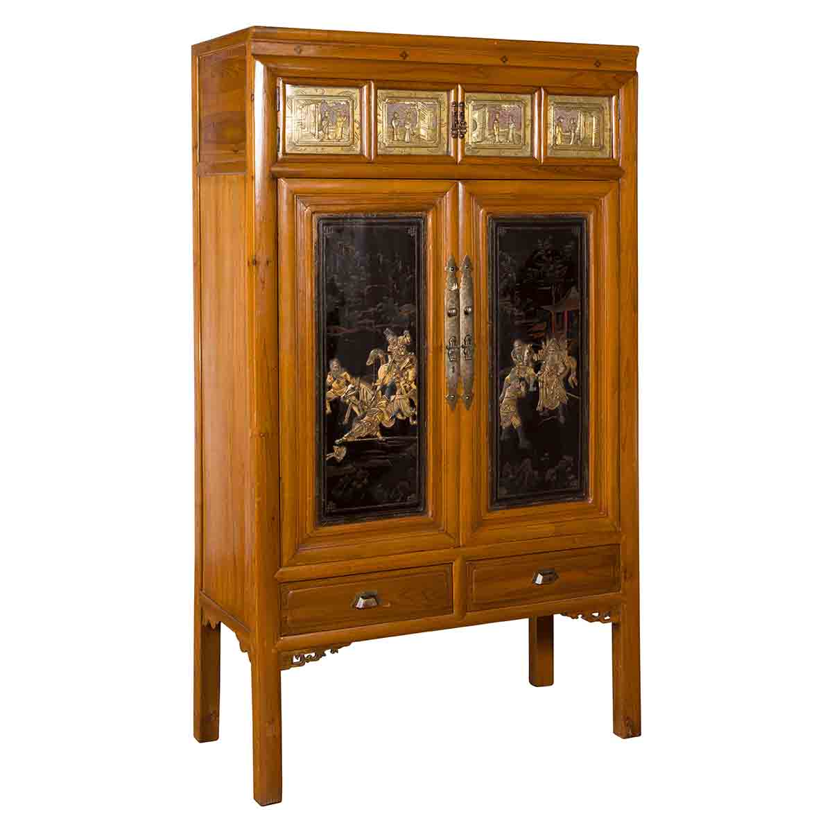Chinese Early 20th Century Lacquered Armoire with Gilt Carved Warrior Motifs-1. Asian & Chinese Furniture, Art, Antiques, Vintage Home Décor for sale at FEA Home