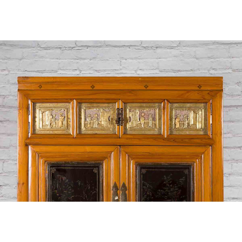 Chinese Early 20th Century Lacquered Armoire with Gilt Carved Warrior Motifs-YN5706-6. Asian & Chinese Furniture, Art, Antiques, Vintage Home Décor for sale at FEA Home