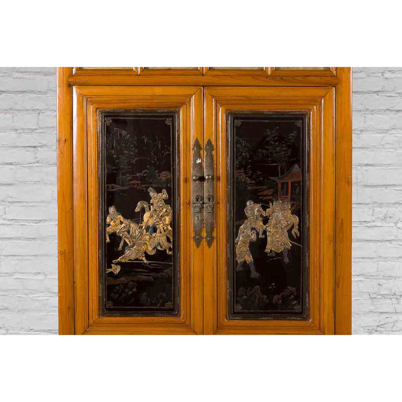 Chinese Early 20th Century Lacquered Armoire with Gilt Carved Warrior Motifs-YN5706-7. Asian & Chinese Furniture, Art, Antiques, Vintage Home Décor for sale at FEA Home