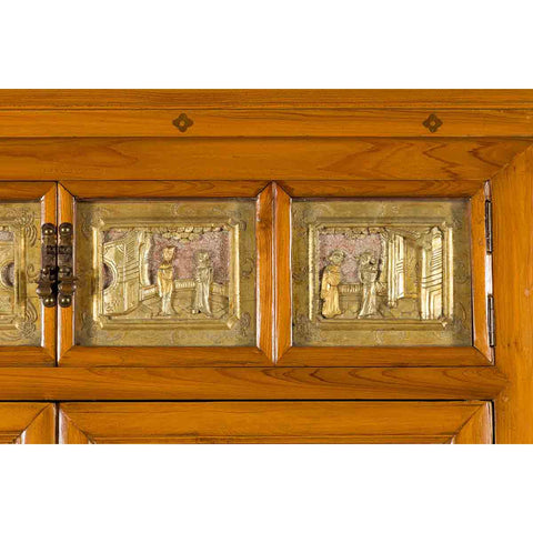 Chinese Early 20th Century Lacquered Armoire with Gilt Carved Warrior Motifs-YN5706-10. Asian & Chinese Furniture, Art, Antiques, Vintage Home Décor for sale at FEA Home