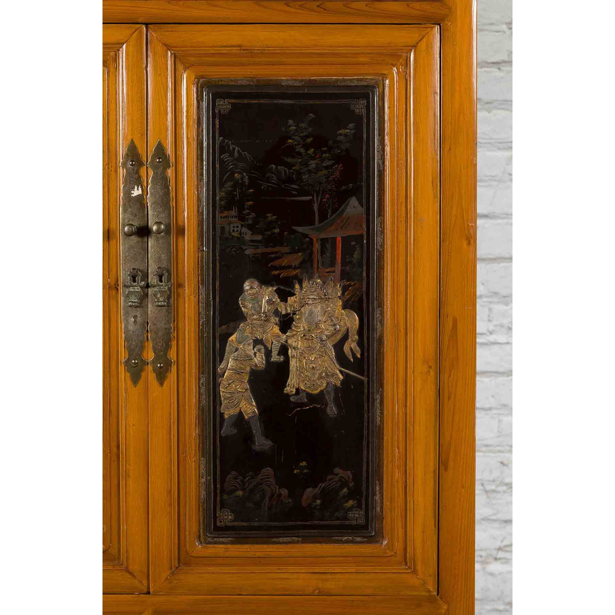 Chinese Early 20th Century Lacquered Armoire with Gilt Carved Warrior Motifs-12. Asian &amp; Chinese Furniture, Art, Antiques, Vintage Home Décor for sale at FEA Home