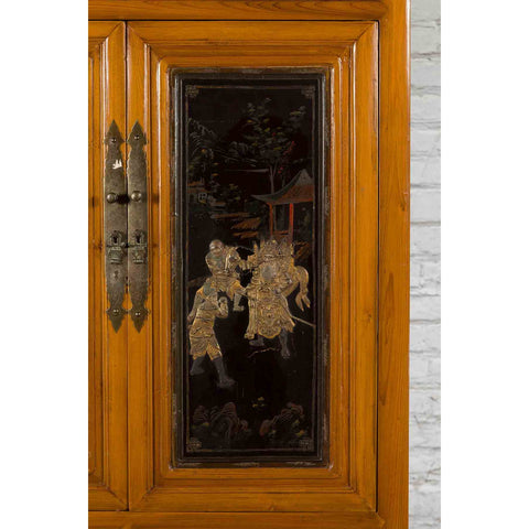 Chinese Early 20th Century Lacquered Armoire with Gilt Carved Warrior Motifs-YN5706-12. Asian & Chinese Furniture, Art, Antiques, Vintage Home Décor for sale at FEA Home