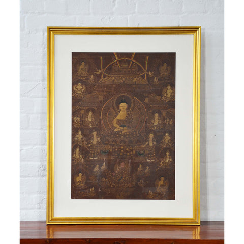 Vintage Tibetan Hand-Painted Thangka Painting Depicting Buddhist Deities