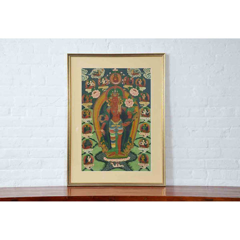 Indian Ceremonial Hindu Deity Hand-Painted on Canvas in Gilded Frame