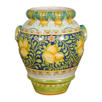 Large Hand-Painted Yellow and Green Jar with Lemons and Scrolling Foliage