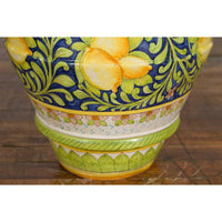 Large Hand-Painted Yellow and Green Jar with Lemons and Scrolling Foliage