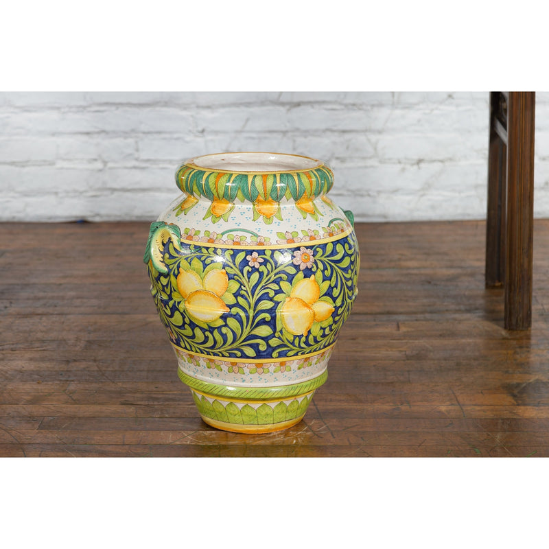 Large Hand-Painted Yellow and Green Jar with Lemons and Scrolling Foliage - Antique Chinese and Vintage Asian Furniture for Sale at FEA Home