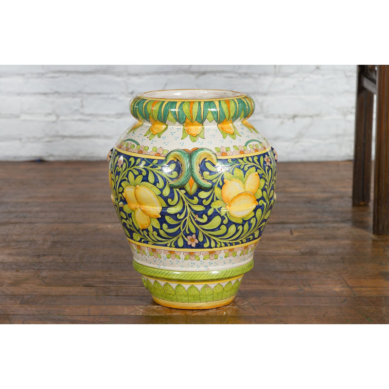 Large Hand-Painted Yellow and Green Jar with Lemons and Scrolling Foliage - Antique Chinese and Vintage Asian Furniture for Sale at FEA Home