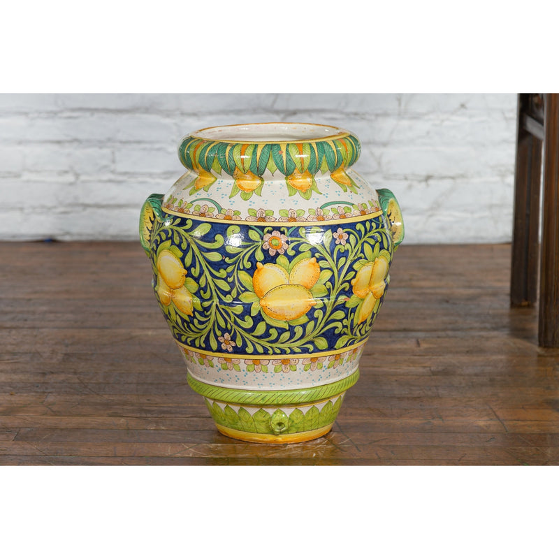 Large Hand-Painted Yellow and Green Jar with Lemons and Scrolling Foliage - Antique Chinese and Vintage Asian Furniture for Sale at FEA Home
