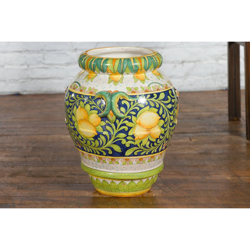 Large Hand-Painted Yellow and Green Jar with Lemons and Scrolling Foliage - Antique Chinese and Vintage Asian Furniture for Sale at FEA Home