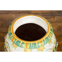 Large Hand-Painted Yellow and Green Jar with Lemons and Scrolling Foliage