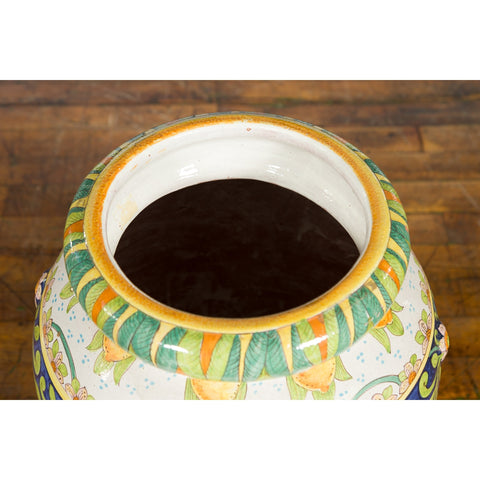 Large Hand-Painted Yellow and Green Jar with Lemons and Scrolling Foliage - Antique Chinese and Vintage Asian Furniture for Sale at FEA Home