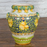 Large Hand-Painted Yellow and Green Jar with Lemons and Scrolling Foliage