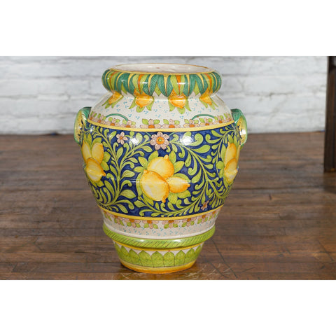 Large Hand-Painted Yellow and Green Jar with Lemons and Scrolling Foliage - Antique Chinese and Vintage Asian Furniture for Sale at FEA Home