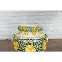 Large Hand-Painted Yellow and Green Jar with Lemons and Scrolling Foliage