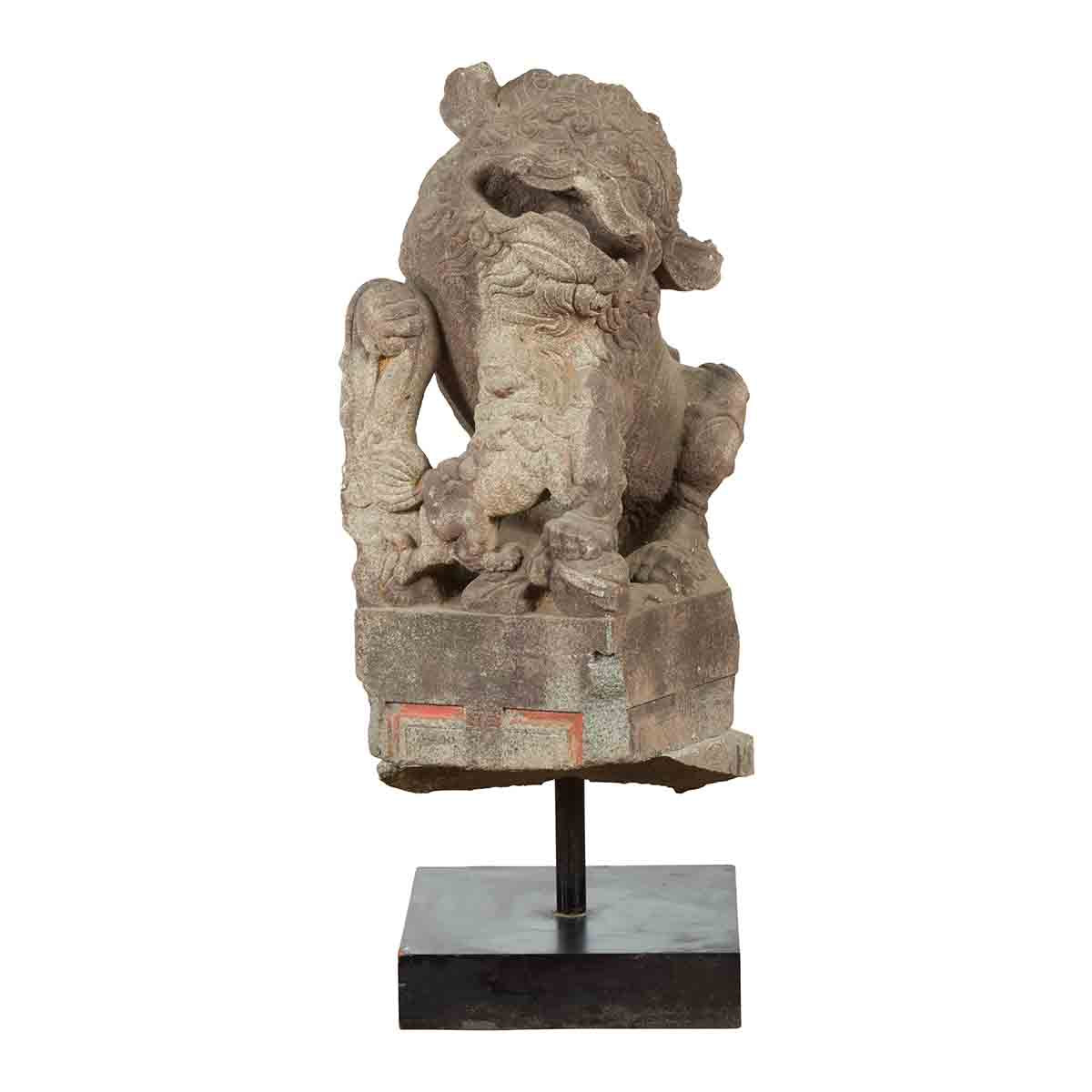 Chinese Qing Dynasty 19th Century Hand-Carved Foo Dog Sculpture Mounted on Base-1. Asian & Chinese Furniture, Art, Antiques, Vintage Home Décor for sale at FEA Home