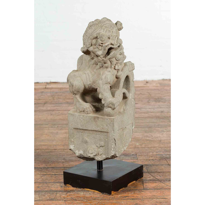Chinese Qing Dynasty Mid 19th Century Hand-Carved Foo Dog Temple Decoration