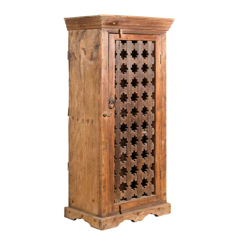 19th Century Indian Wooden Cabinet with Single Fretwork Door and Brass Handle- Asian Antiques, Vintage Home Decor & Chinese Furniture - FEA Home