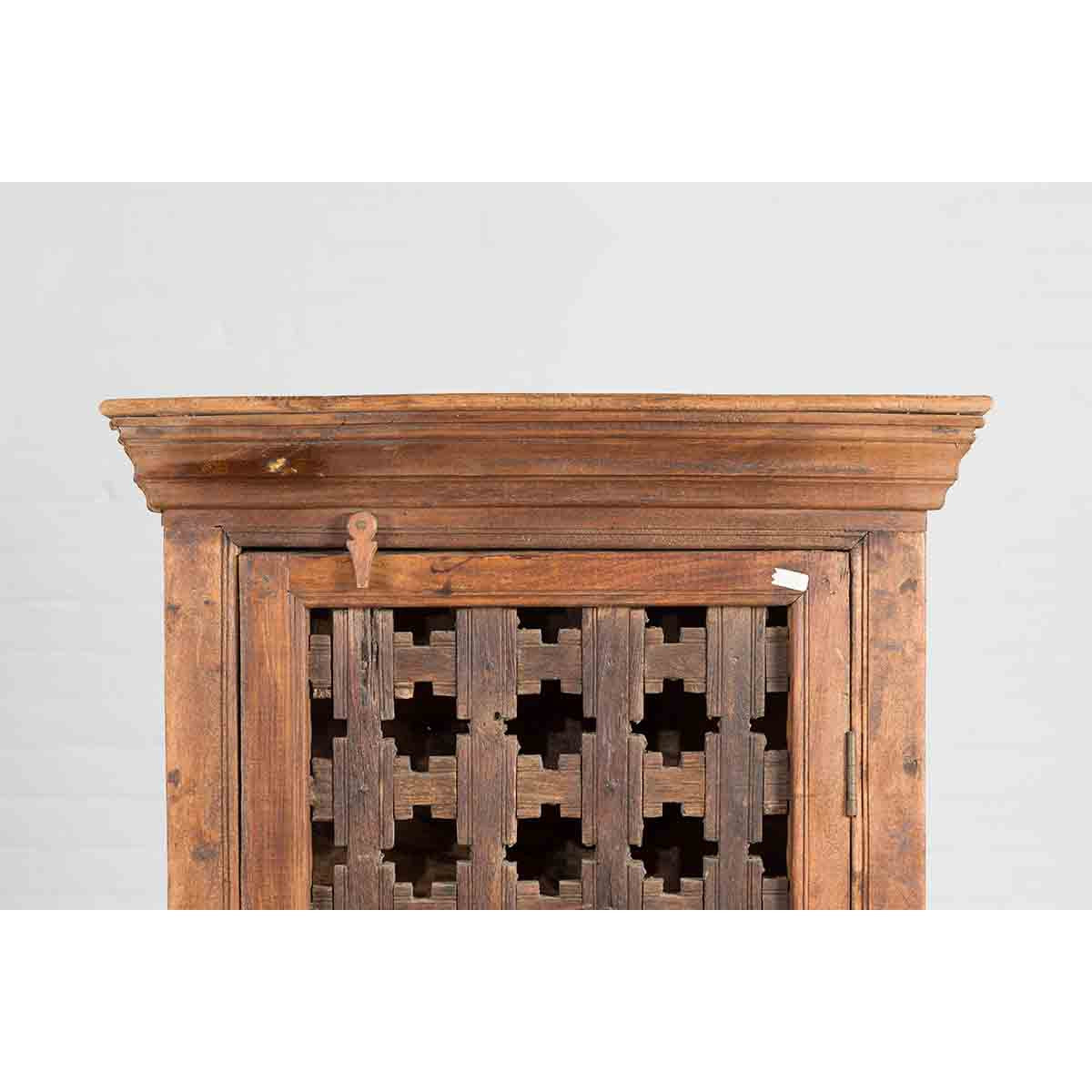19th Century Indian Wooden Cabinet with Single Fretwork Door and Brass Handle-5. Asian &amp; Chinese Furniture, Art, Antiques, Vintage Home Décor for sale at FEA Home