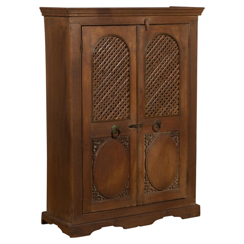 Indian Vintage Wooden Cabinet with Lattice Motifs and Carved Panels-YN6037-1. Asian & Chinese Furniture, Art, Antiques, Vintage Home Décor for sale at FEA Home
