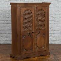 Indian Vintage Wooden Cabinet with Lattice Motifs and Carved Panels