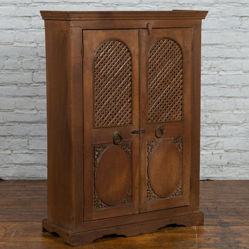Indian Vintage Wooden Cabinet with Lattice Motifs and Carved Panels-YN6037-10. Asian & Chinese Furniture, Art, Antiques, Vintage Home Décor for sale at FEA Home