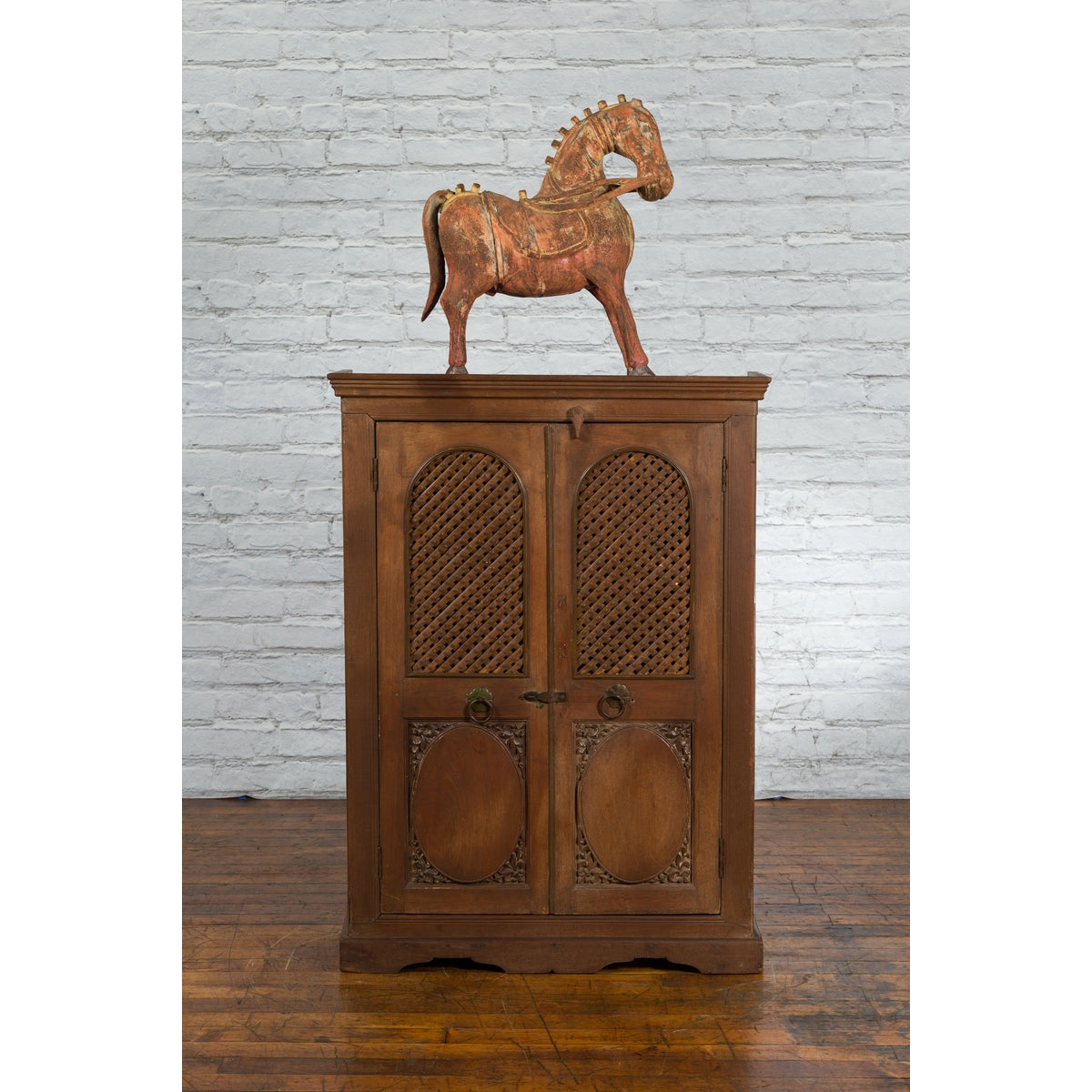 Indian Vintage Wooden Cabinet with Lattice Motifs and Carved Panels-2. Asian & Chinese Furniture, Art, Antiques, Vintage Home Décor for sale at FEA Home