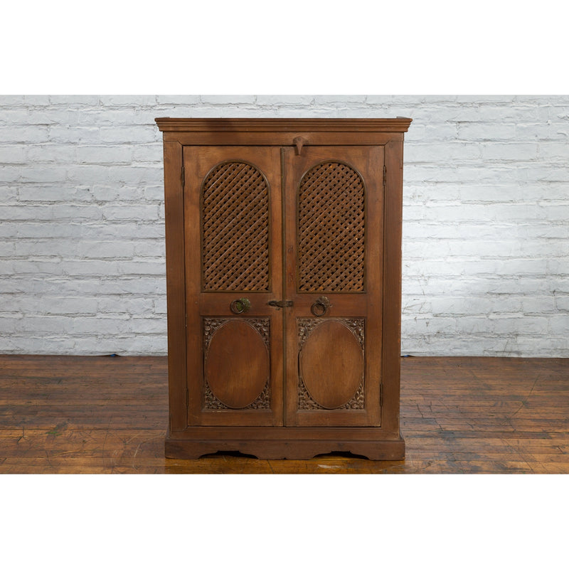 Indian Vintage Wooden Cabinet with Lattice Motifs and Carved Panels-YN6037-4. Asian & Chinese Furniture, Art, Antiques, Vintage Home Décor for sale at FEA Home