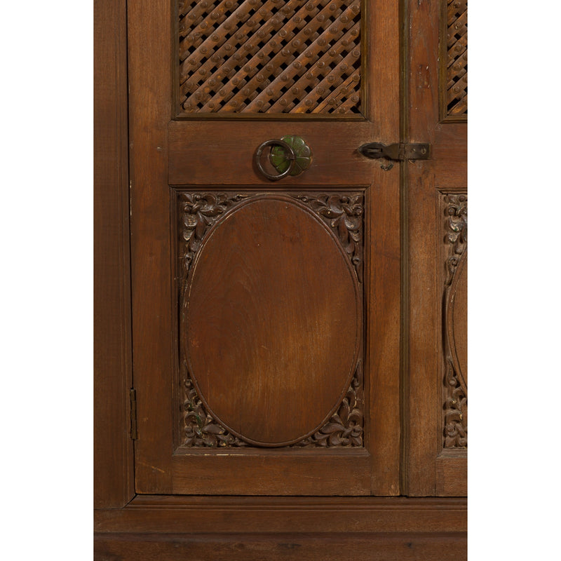Indian Vintage Wooden Cabinet with Lattice Motifs and Carved Panels-YN6037-8. Asian & Chinese Furniture, Art, Antiques, Vintage Home Décor for sale at FEA Home