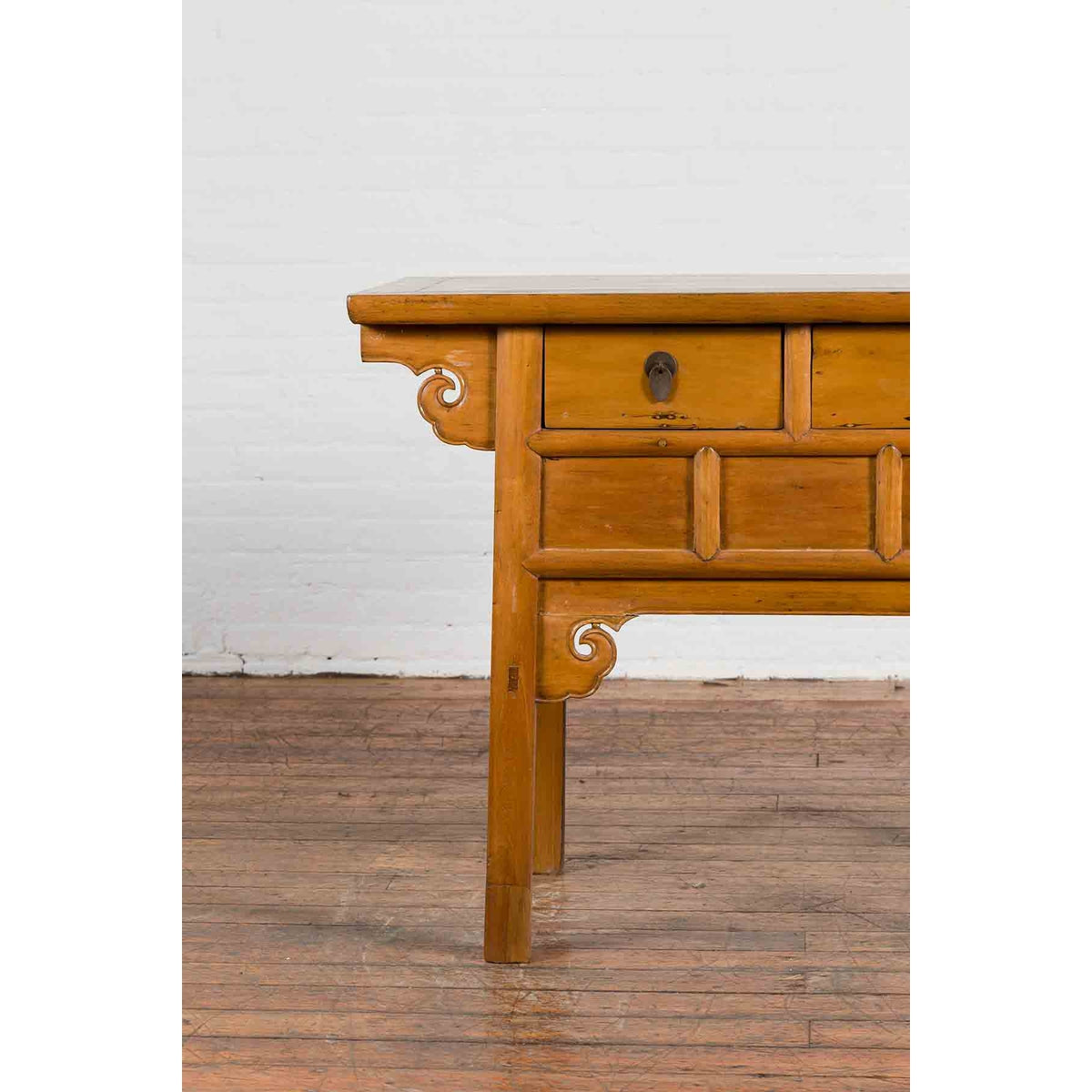 Chinese 19th Century Qing Dynasty Elm Table with Carved Spandrels and Drawers-4. Asian &amp; Chinese Furniture, Art, Antiques, Vintage Home Décor for sale at FEA Home