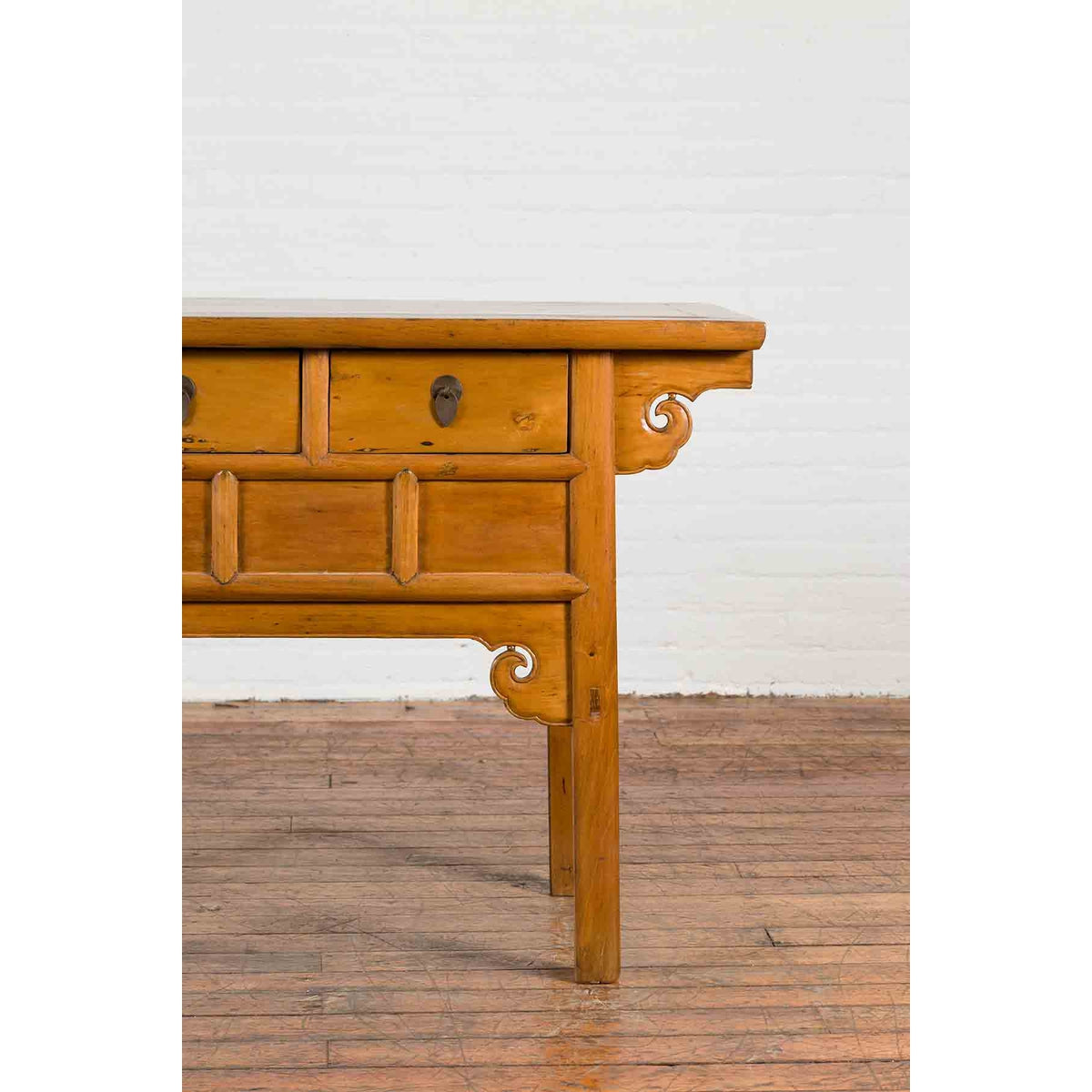 Chinese 19th Century Qing Dynasty Elm Table with Carved Spandrels and Drawers-5. Asian &amp; Chinese Furniture, Art, Antiques, Vintage Home Décor for sale at FEA Home