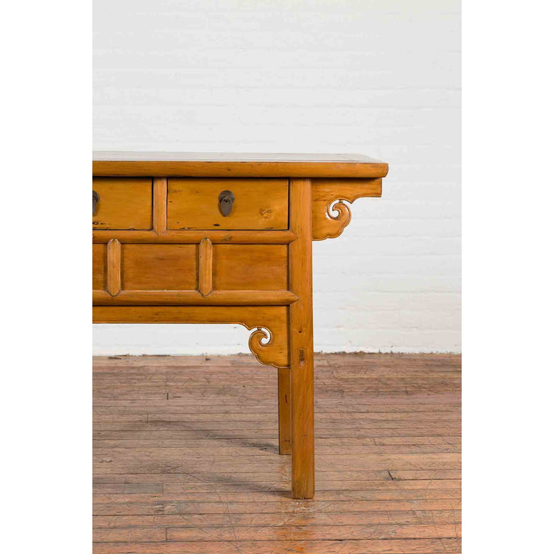 Chinese 19th Century Qing Dynasty Elm Table with Carved Spandrels and Drawers-YN6038-5. Asian & Chinese Furniture, Art, Antiques, Vintage Home Décor for sale at FEA Home