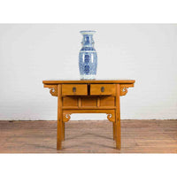 Chinese 19th Century Qing Dynasty Elm Table with Carved Spandrels and Drawers