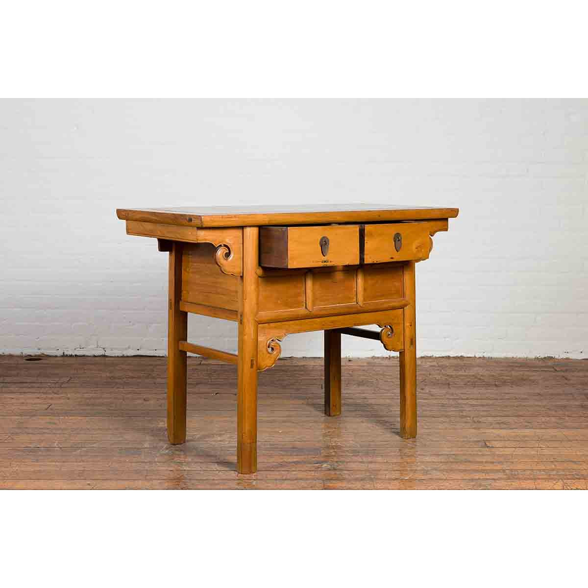 Chinese 19th Century Qing Dynasty Elm Table with Carved Spandrels and Drawers-6. Asian &amp; Chinese Furniture, Art, Antiques, Vintage Home Décor for sale at FEA Home