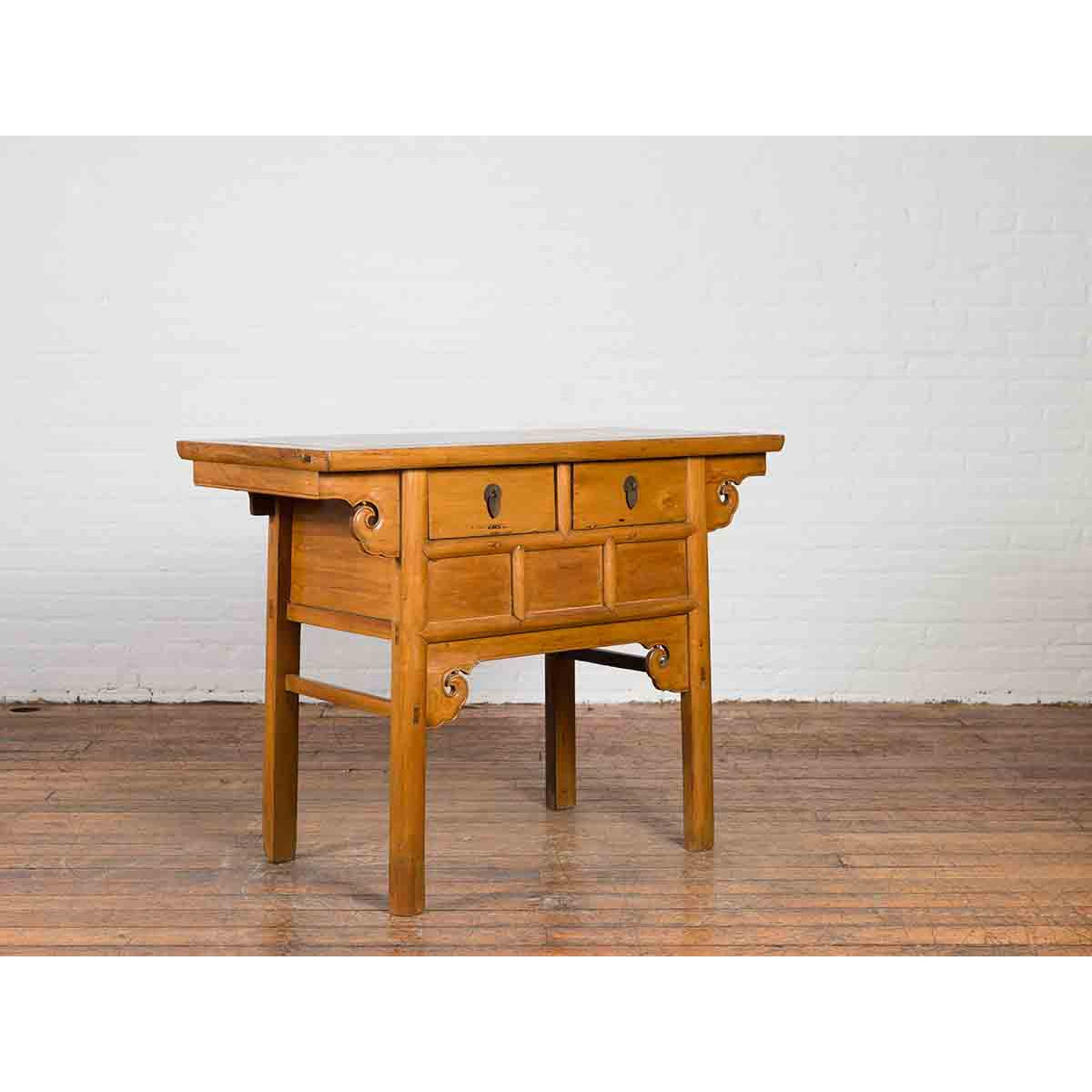 Chinese 19th Century Qing Dynasty Elm Table with Carved Spandrels and Drawers-7. Asian &amp; Chinese Furniture, Art, Antiques, Vintage Home Décor for sale at FEA Home