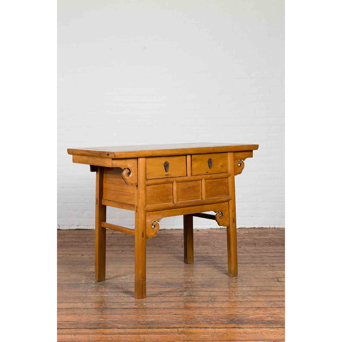 Chinese 19th Century Qing Dynasty Elm Table with Carved Spandrels and Drawers-8. Asian &amp; Chinese Furniture, Art, Antiques, Vintage Home Décor for sale at FEA Home