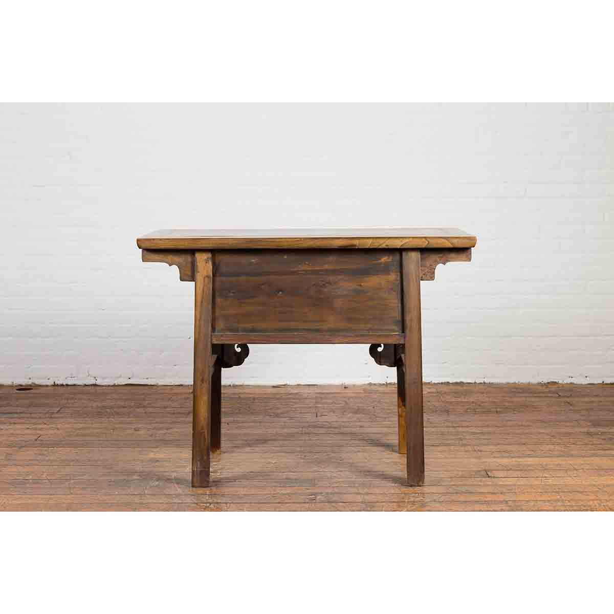 Chinese 19th Century Qing Dynasty Elm Table with Carved Spandrels and Drawers-10. Asian &amp; Chinese Furniture, Art, Antiques, Vintage Home Décor for sale at FEA Home
