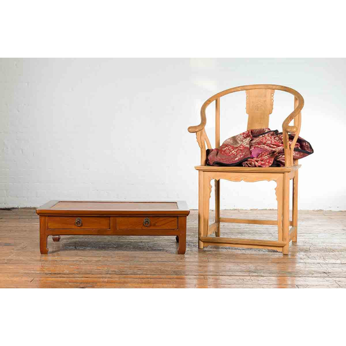 Chinese Vintage Low Elmwood Table with Rattan Inset Top and Two Drawers-3. Asian &amp; Chinese Furniture, Art, Antiques, Vintage Home Décor for sale at FEA Home