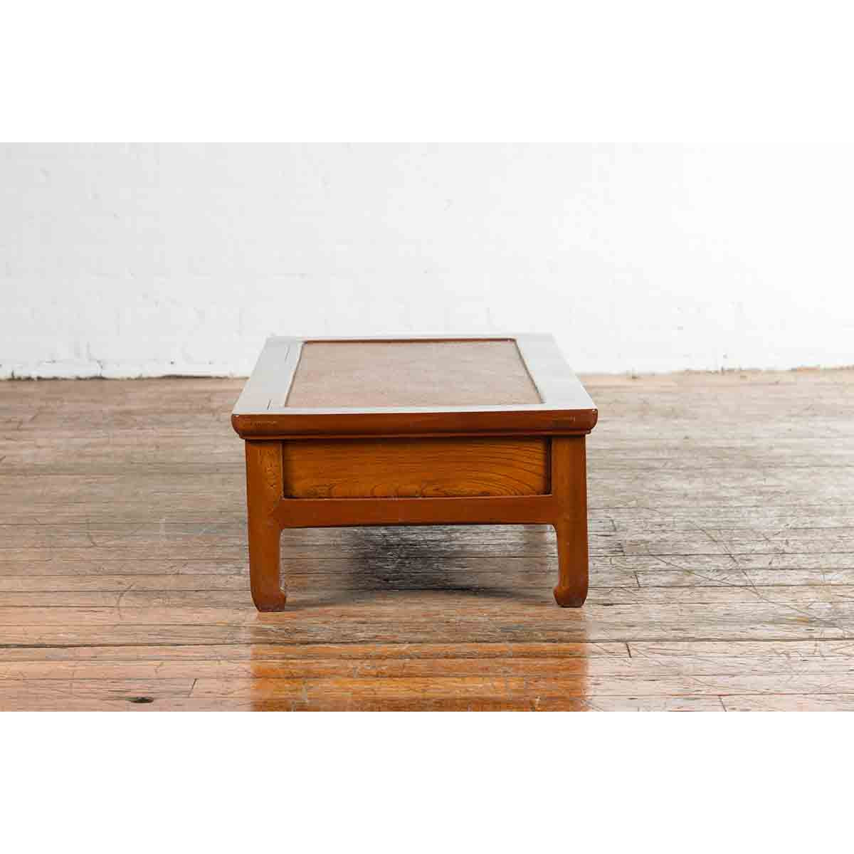 Chinese Vintage Low Elmwood Table with Rattan Inset Top and Two Drawers-15. Asian &amp; Chinese Furniture, Art, Antiques, Vintage Home Décor for sale at FEA Home