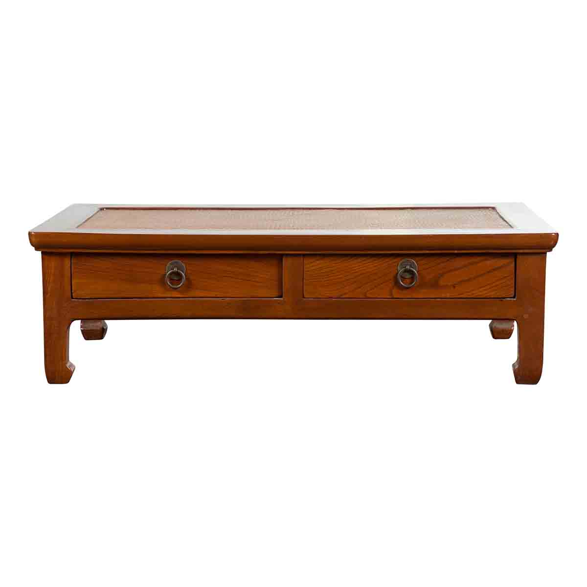 Chinese Vintage Low Elmwood Table with Rattan Inset Top and Two Drawers-1. Asian & Chinese Furniture, Art, Antiques, Vintage Home Décor for sale at FEA Home