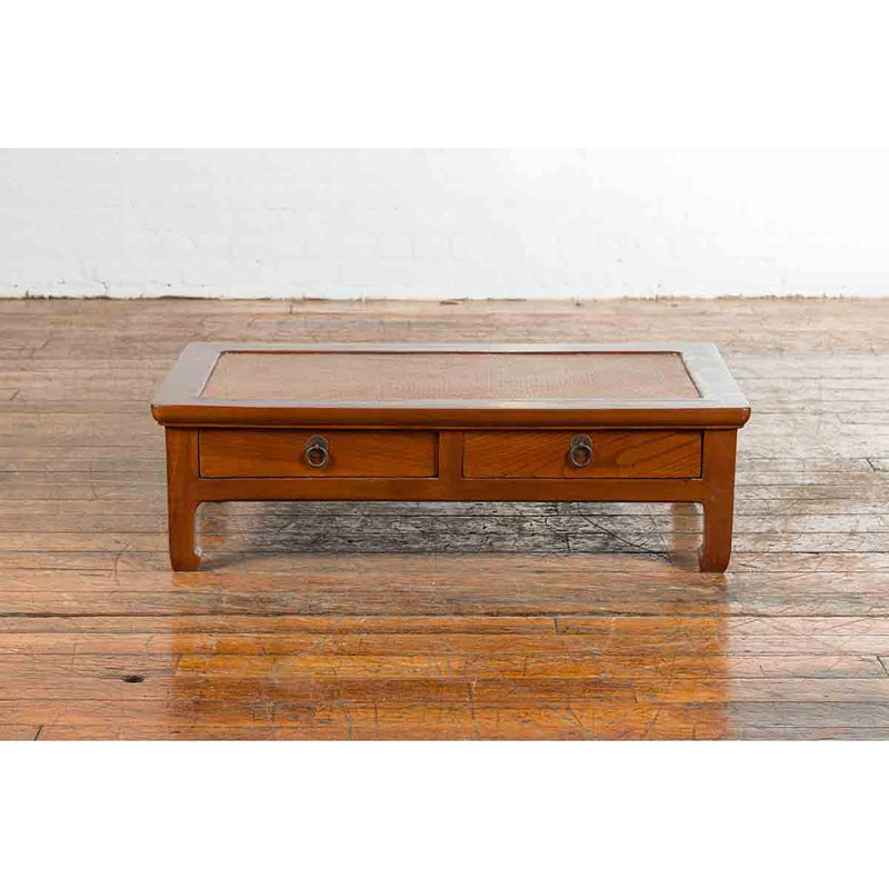 Chinese Vintage Low Elmwood Table with Rattan Inset Top and Two Drawers-YN6041-6. Asian & Chinese Furniture, Art, Antiques, Vintage Home Décor for sale at FEA Home