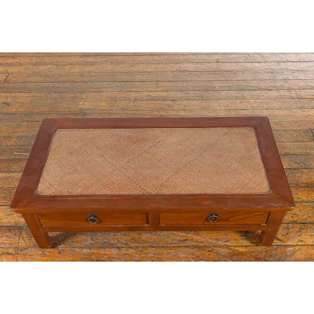 Chinese Vintage Low Elmwood Table with Rattan Inset Top and Two Drawers-7. Asian &amp; Chinese Furniture, Art, Antiques, Vintage Home Décor for sale at FEA Home