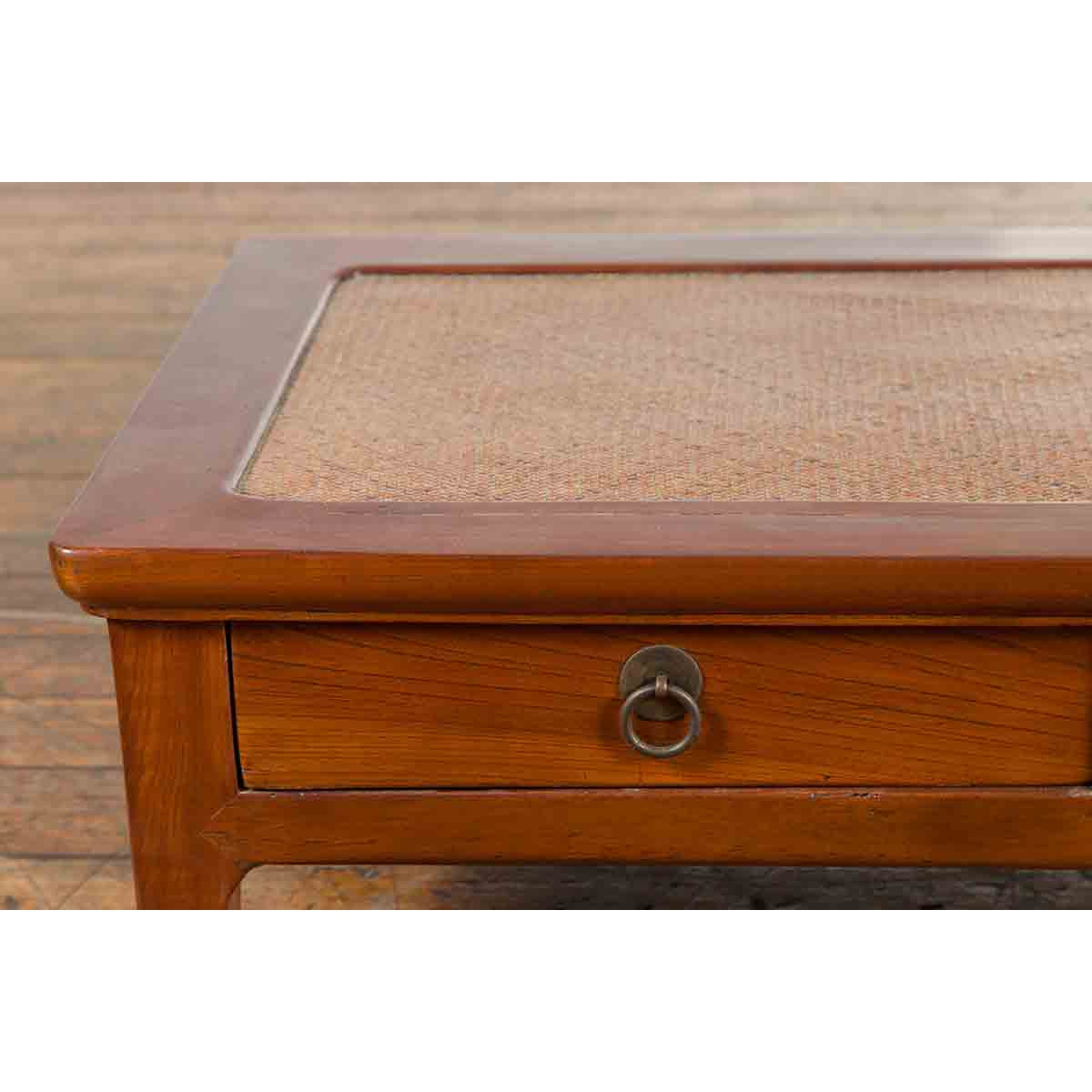 Chinese Vintage Low Elmwood Table with Rattan Inset Top and Two Drawers-8. Asian &amp; Chinese Furniture, Art, Antiques, Vintage Home Décor for sale at FEA Home