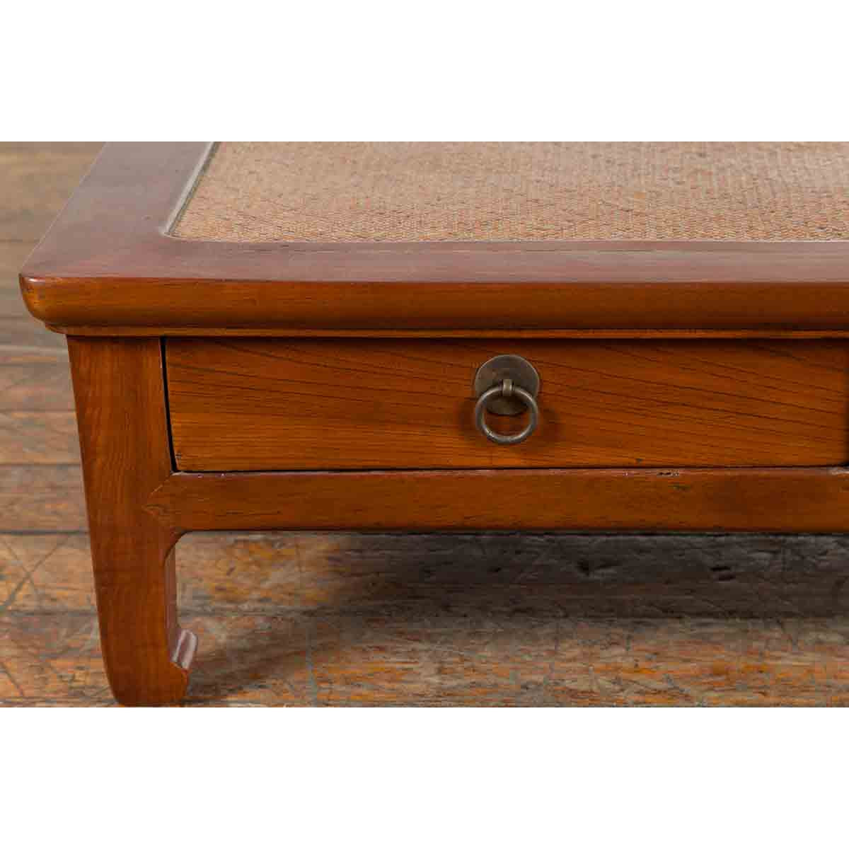 Chinese Vintage Low Elmwood Table with Rattan Inset Top and Two Drawers-9. Asian &amp; Chinese Furniture, Art, Antiques, Vintage Home Décor for sale at FEA Home