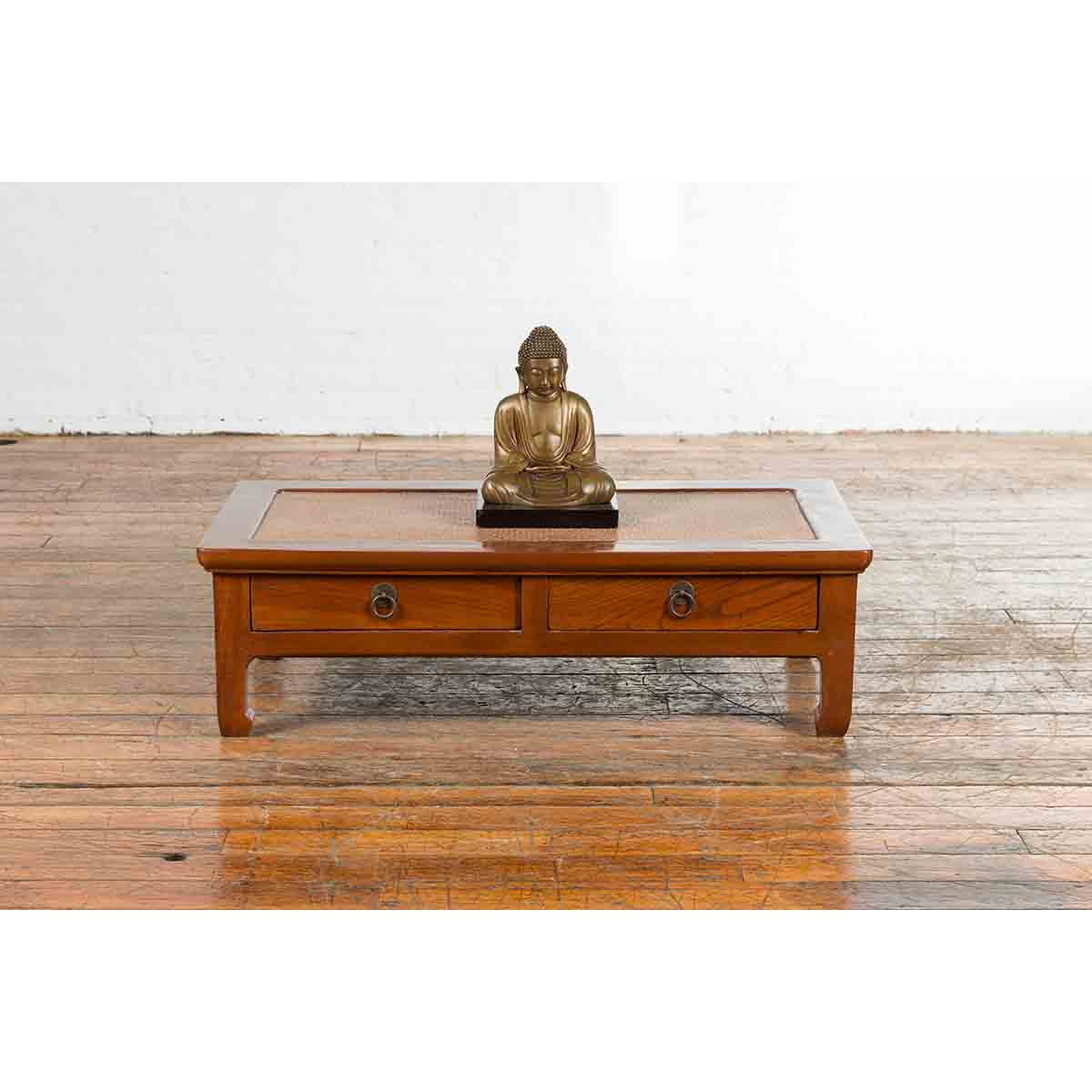 Chinese Vintage Low Elmwood Table with Rattan Inset Top and Two Drawers-4. Asian &amp; Chinese Furniture, Art, Antiques, Vintage Home Décor for sale at FEA Home