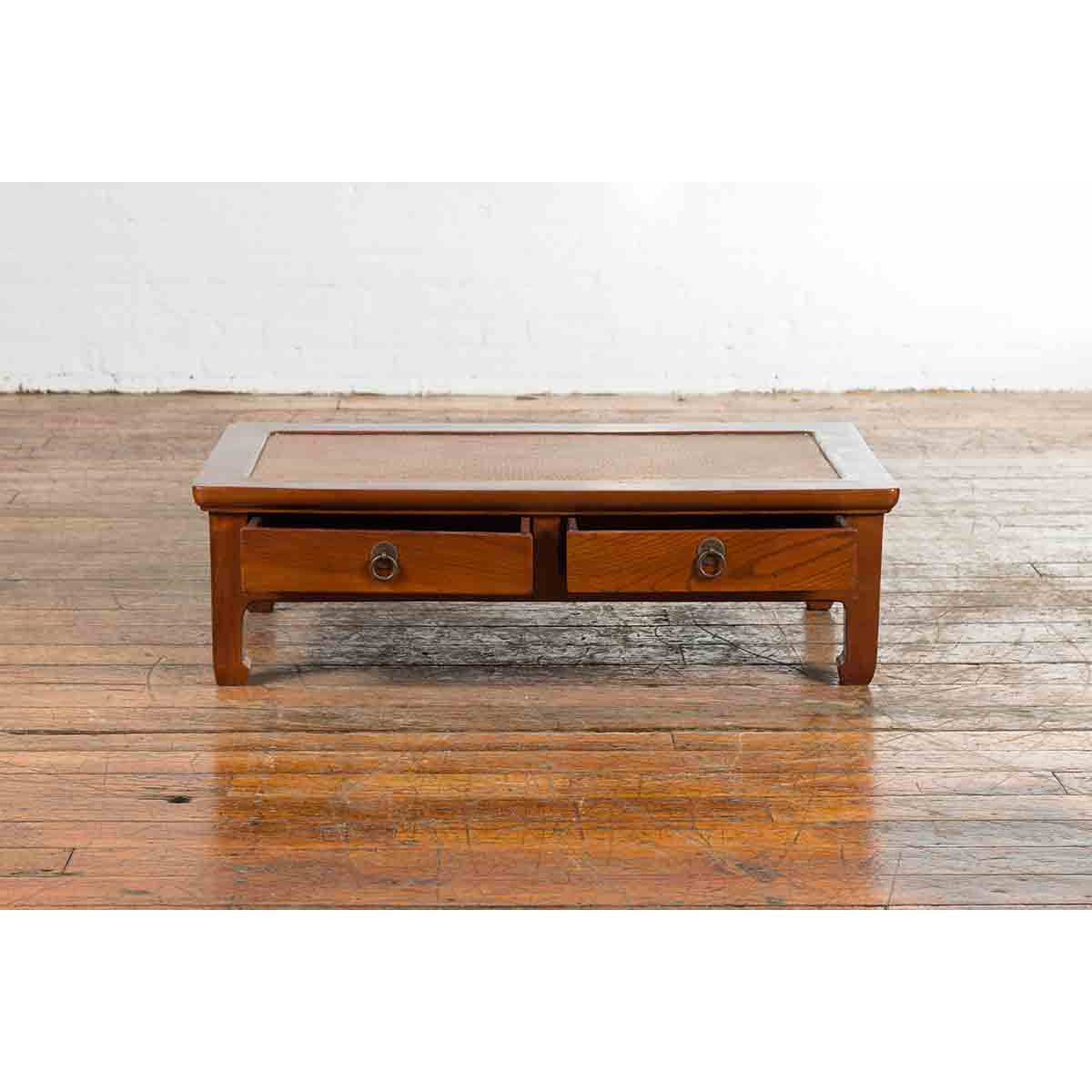 Chinese Vintage Low Elmwood Table with Rattan Inset Top and Two Drawers-12. Asian &amp; Chinese Furniture, Art, Antiques, Vintage Home Décor for sale at FEA Home